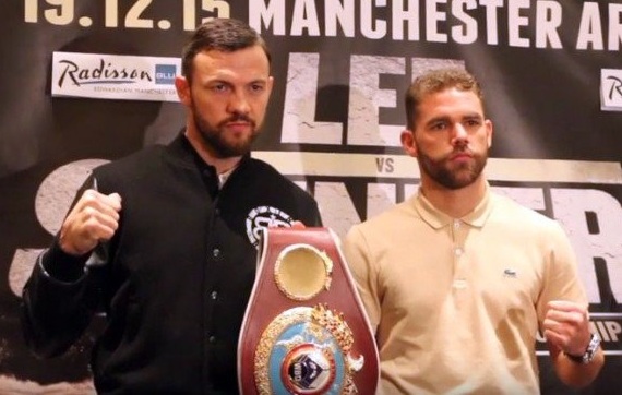 Lee and Saunders pose pre-fight with a meaningless prop.