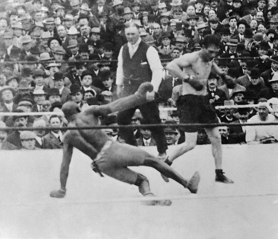 Jack Johnson and Stanley Ketchell Fighting in Ring