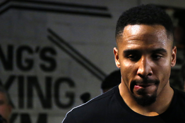 Two-time World Champion Andre Ward, of Oakland, pauses during shadowboxing inside the ring in preparation for his upcoming fight against undefeated and number one rated IBF light heavyweight Cuban contender Sullivan Barrera during a media day at King's Boxing Gym in Oakland, Calif., on Tuesday, March 22, 2016. Ward and Barrera will fight in a 12-round IBF number one position and mandatory position eliminatory Saturday, March 26, 2016, at Oracle Arena. (Ray Chavez/Bay Area News Group)