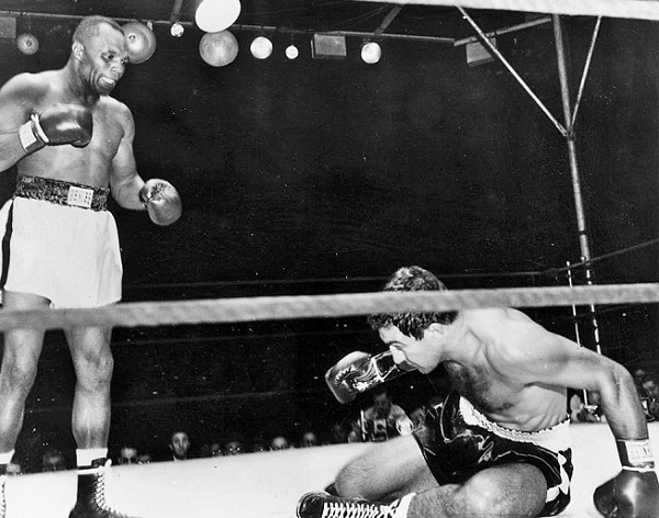 28th September 1952: Rocky Marciano (1923 - 1969) on the canvas after a pow...